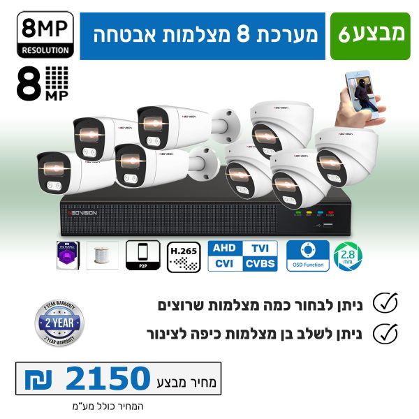 מצלמות אבטחה 8 ערוצים 8 מגה כולל תשתית