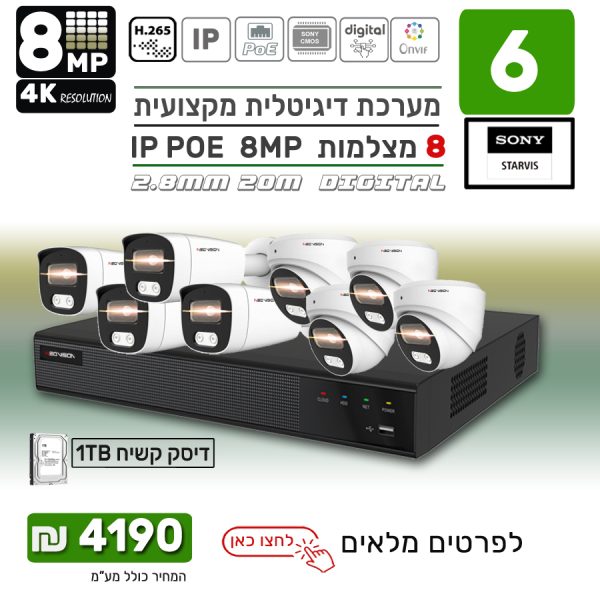 מבצע מערכת 8 מצלמות אבטחה IP POE 8MP